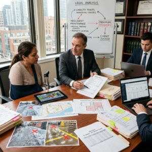 Team of lawyers in a conference room reviewing documents while a whiteboard shows a legal analysis diagram in the background.
