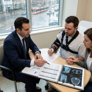 Doctor in a navy suit reviews documents with a patient wearing a shoulder-and-arm brace; a woman observes. Binder on the table shows charts and X-ray images by a rainy window.