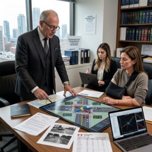 Lawyer stands at conference table, explaining a traffic-management simulation on a large screen with cars and roads showing intersection data
