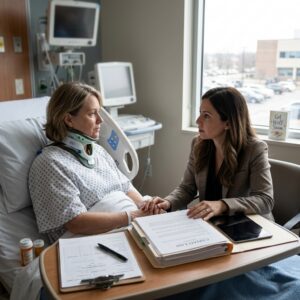 Patient in hospital bed wearing a neck brace holds hands with a visitor at a desk covered with medical forms and a tablet nearby in a clinical room.