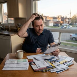 A man in a blue shirt sits at a kitchen table, holding his head in worry while going through a pile of mail and bills, with a mug nearby.