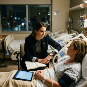 Hospital room at night: a patient in a hospital bed converses with a visitor in a blazer, notebook open on the bed.