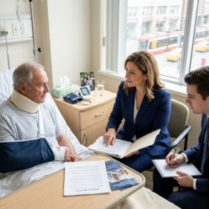 Older man in a hospital bed with a neck brace talks with a female doctor and a male assistant, reviewing a folder.