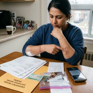 Woman with a bandaged forearm points to wounds on her arm while reviewing medical papers at a kitchen table. A smartphone and envelopes are nearby.