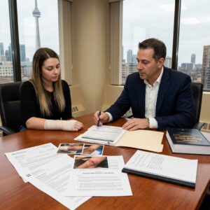 Man in a suit signs a document at a wooden conference table while a woman with a bandaged arm watches; city skyline outside the windows.