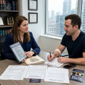 Two professionals discuss documents at a desk in a bright office; the woman holds a tablet showing a legal checklist as the man signs papers, with brochures nearby.