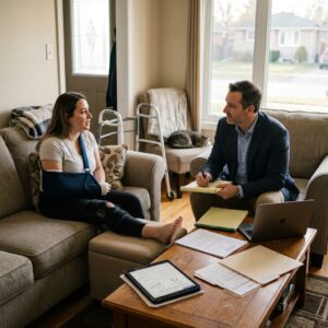Woman with arm sling and leg brace sits on a sofa while a man in a blazer takes notes at a coffee table during a home visit.