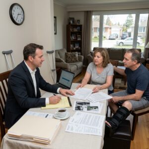 Man in a suit consults with a couple at a dining table covered with papers and a laptop in a living room setting