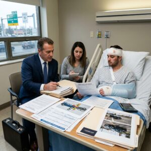 Attorney in a blue suit and an assistant sit beside a hospital bed, going over legal documents with the injured man.