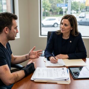 Man with a wrist brace talks to a professional woman in a navy blazer across a desk with documents and a tablet nearby.