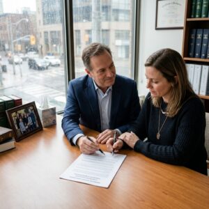 Two professionals signing a contract at a wooden desk in a bright office with city streets outside the window, rain visible on the glass.