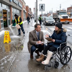 Man in a brown coat kneels beside a woman in a wheelchair, holding a notebook and speaking on a wet downtown sidewalk as a worker cleans the pavement nearby, with a 'Caution Wet Floor' sign nearby.