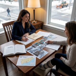 Two women sit at a wooden table reviewing documents and maps, one writing notes while the other points to photos and papers by the window.