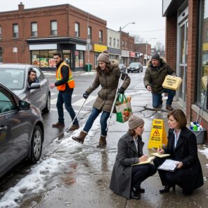 Team of investigators on a snowy sidewalk documenting a car incident: two women kneel with notebooks, one carries a tote bag while sweeping snow; a man in a safety vest directs a car; another colleague carries a box labeled Municipal Liability Case; caution sign on the wet pavement.