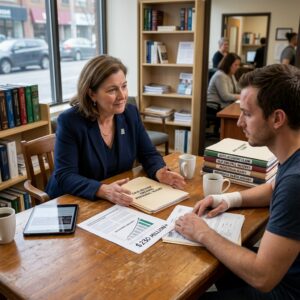 Two adults in a library-like office discuss documents at a wooden table; a man has a bandaged forearm and stacks of books nearby.