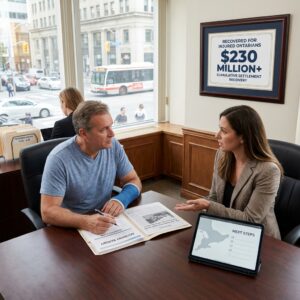Two people sit at a conference desk reviewing a newspaper; a tablet on the table shows 'NEXT STEPS' with a world map.