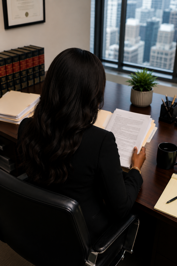 female lawyer reviewing files