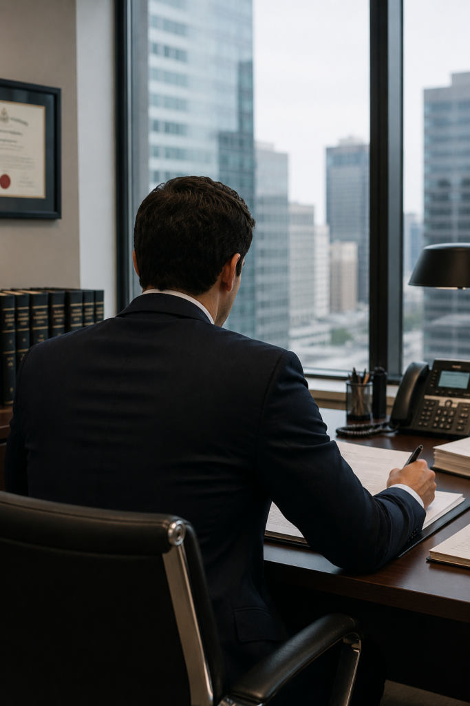 Attorney reviewing legal case documents while working at an office desk.