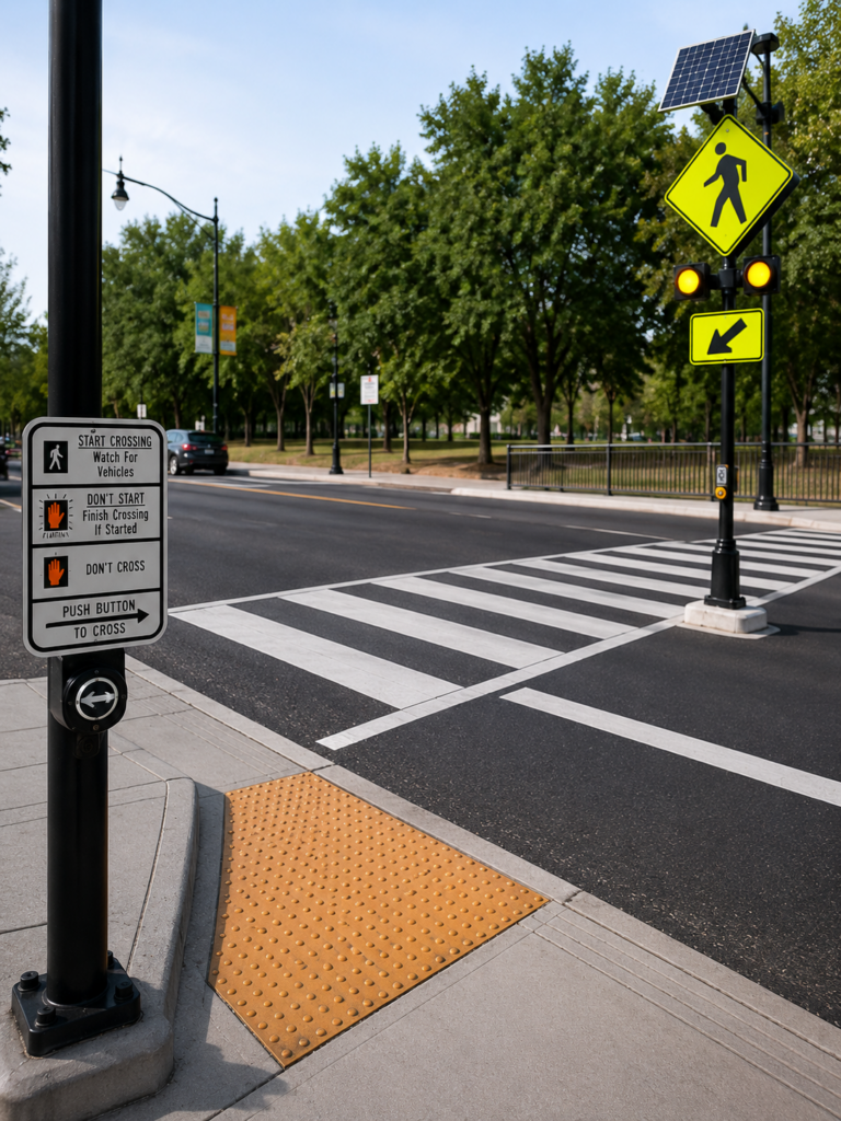 Pedestrian crosswalk with accessible crossing signals and push button controls.