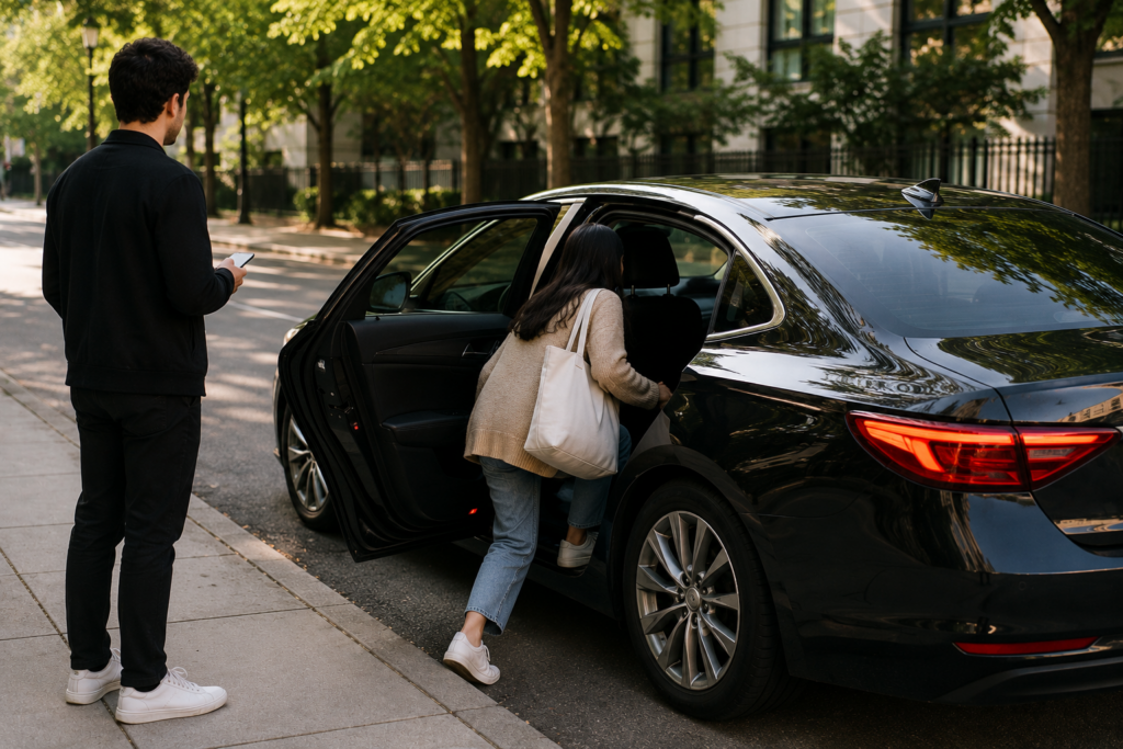 Passenger entering a rideshare vehicle while another person waits nearby.