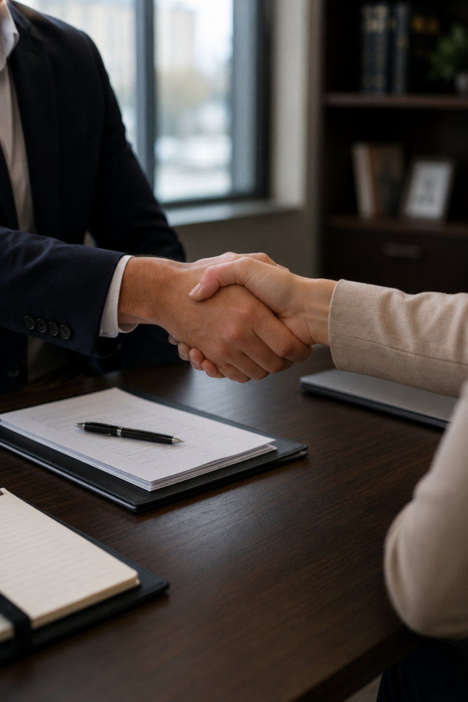 Lawyer and client shaking hands after reaching a legal agreement.