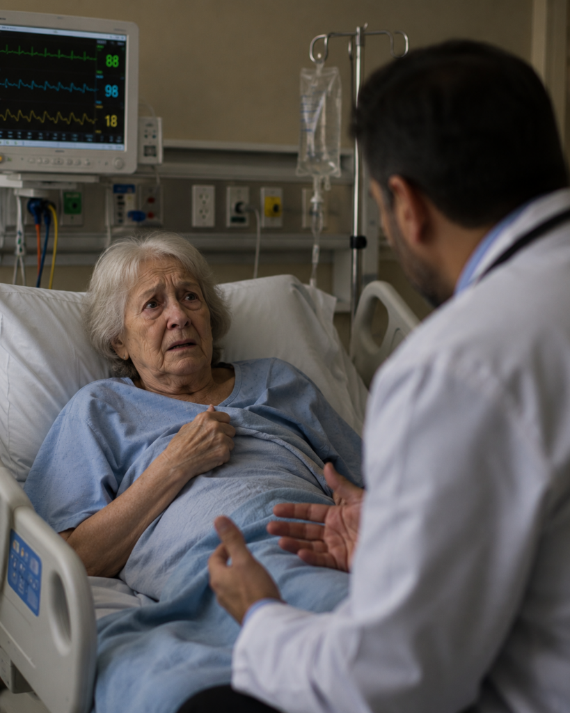 Doctor discussing treatment options with an elderly patient in a hospital bed.