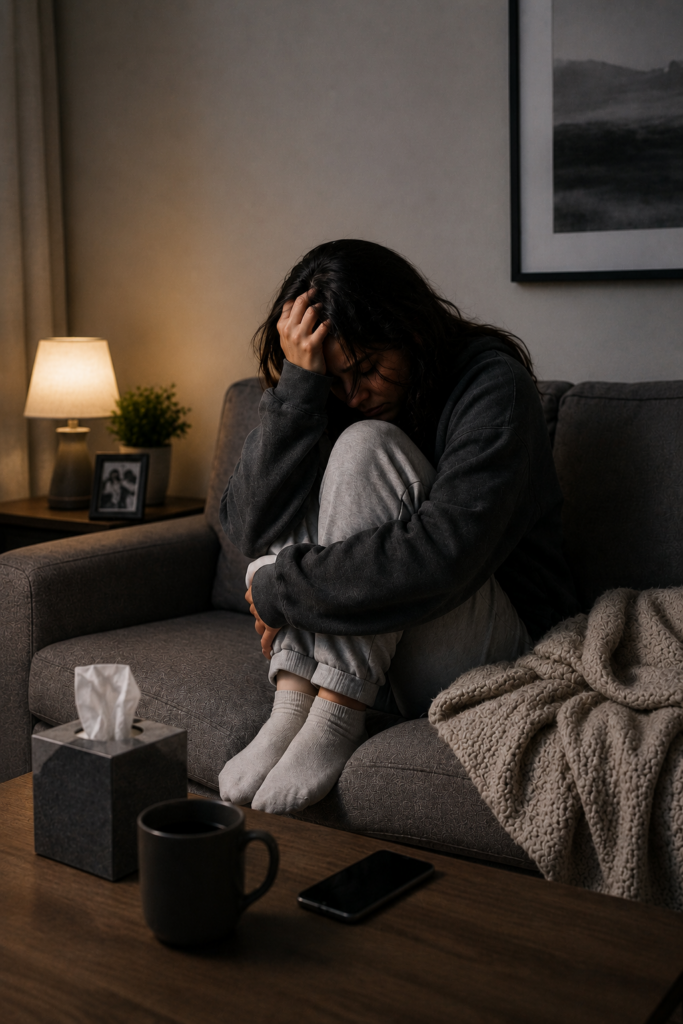Stressed employee sitting on a couch struggling with workplace anxiety.