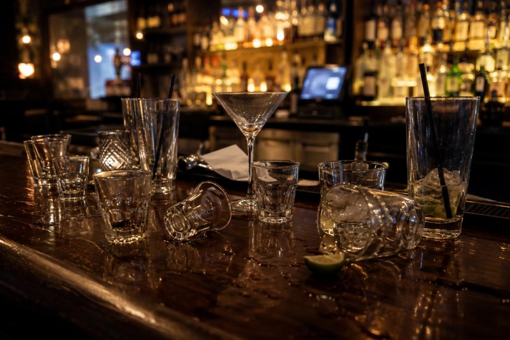 Empty cocktail glasses and bottles scattered across a bar after drinking.