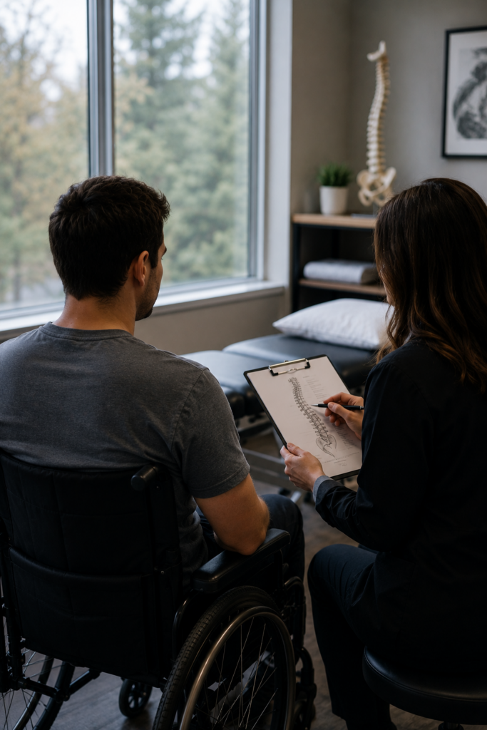 Physical therapist consulting with a wheelchair user during a rehabilitation session.