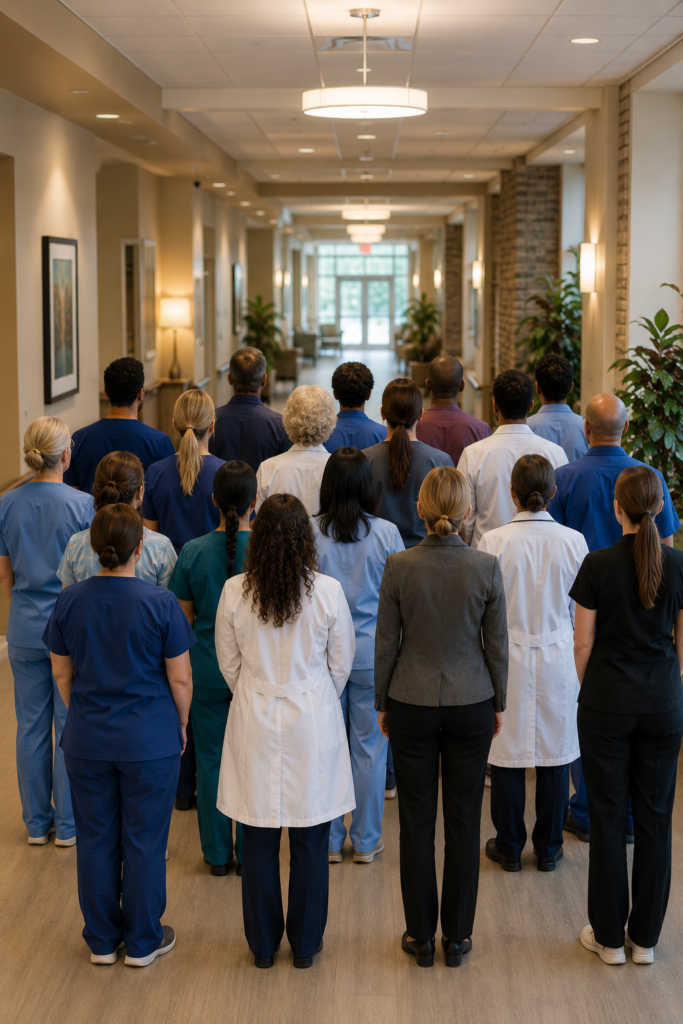 Healthcare workers standing together in a hospital hallway before their shift.