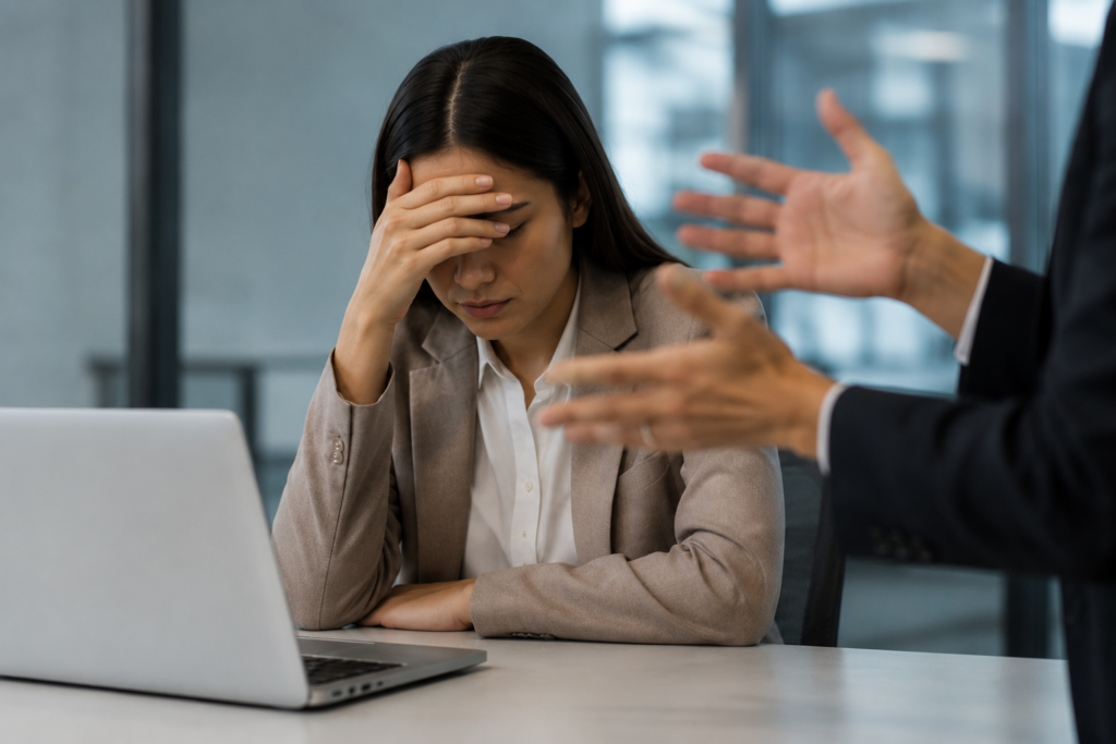 Overwhelmed employee listening to a manager during a difficult workplace conversation.