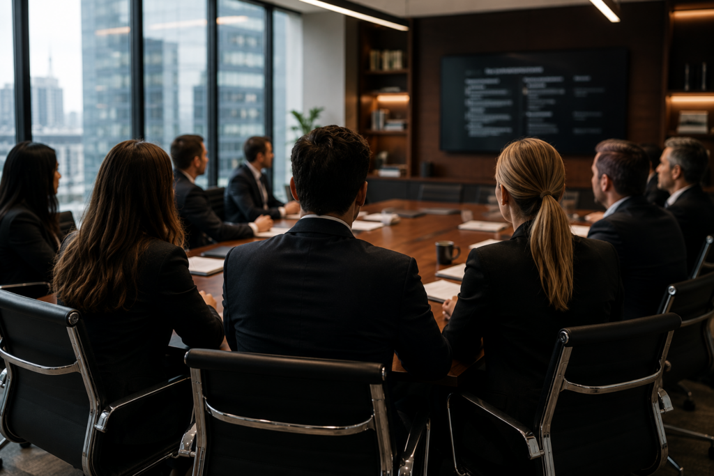 Corporate board meeting discussing workplace policies and employment law compliance.