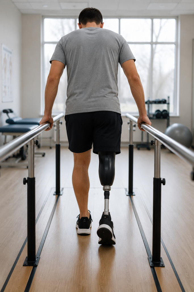 Amputee practicing walking with a prosthetic leg during physical rehabilitation.