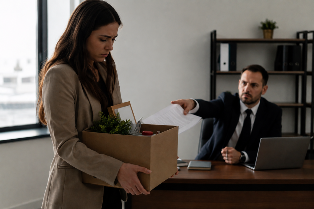 Employee leaving the workplace carrying personal belongings after being terminated.